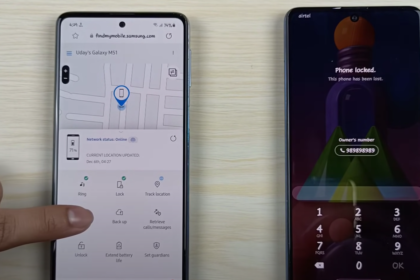 Samsung A21 utilizing the Find My Mobile functionality