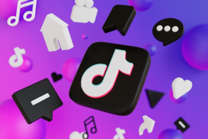 3d icons of TikTok, message, camera, arrow, and heart hang in the air on purple background with bubbles behind