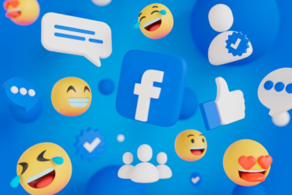 3d Facebook sign, message, and smiling emojis on a blue background